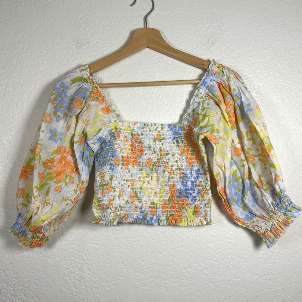 Billabong Multicolor Floral Smocked Puff Sleeve Crop Top Size S